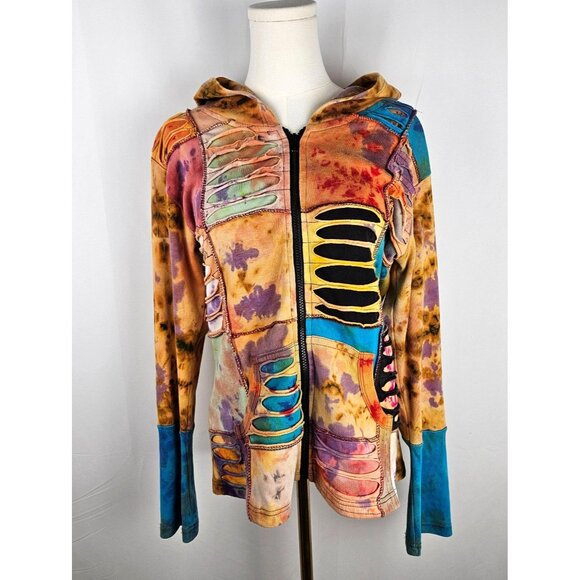 Rising International Hoodie Jacket Small Tie Dye Patchwork Cotton Boho Grunge - Picture 1 of 10